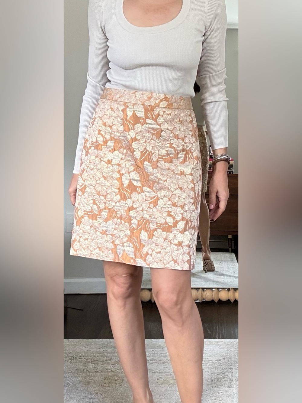 Talbots Peach and Gold Brocade Pencil Skirt